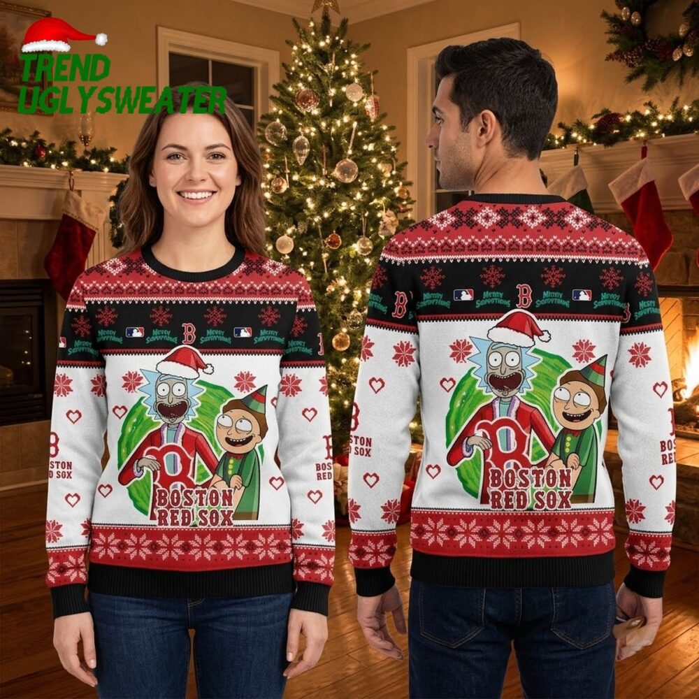 rick and morty boston red sox santa hat white ugly christmas sweater