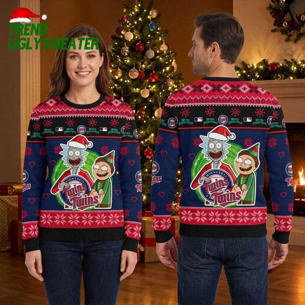 rick and morty minnesota twins santa hat ugly christmas sweater