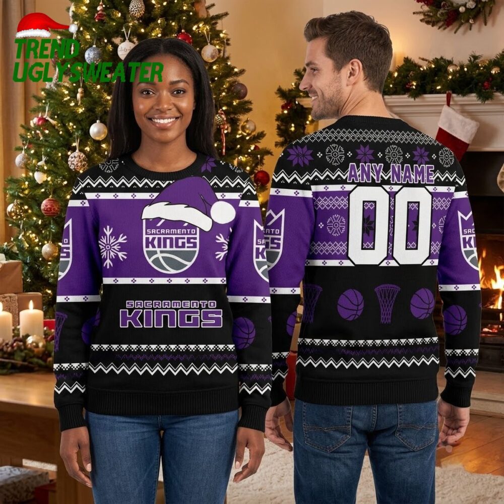 sacramento kings santa hat logo custom name and number ugly christmas sweater