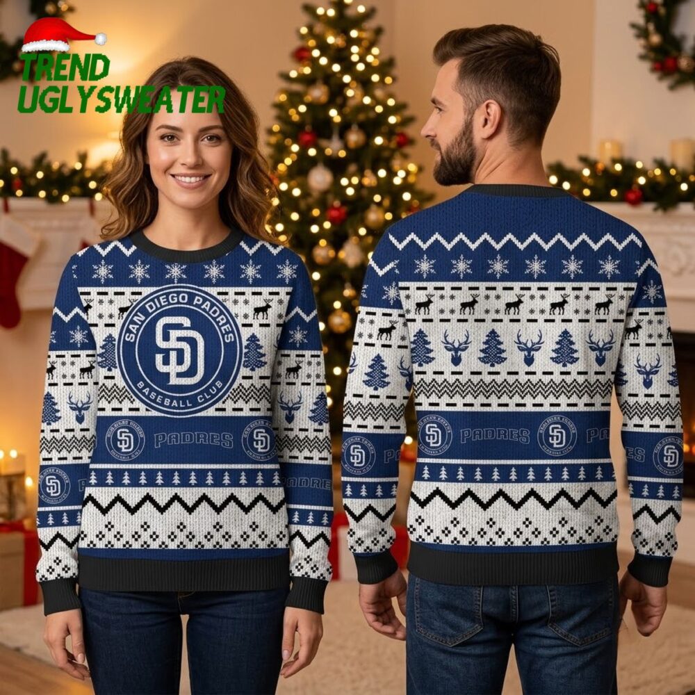 san diego padres logo snowflake reindeer pattern ugly christmas sweater