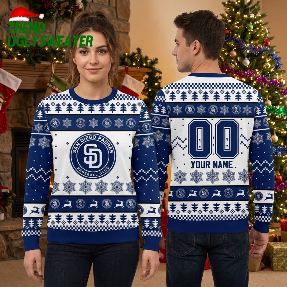 san diego padres sd logo custom name and number ugly christmas sweater