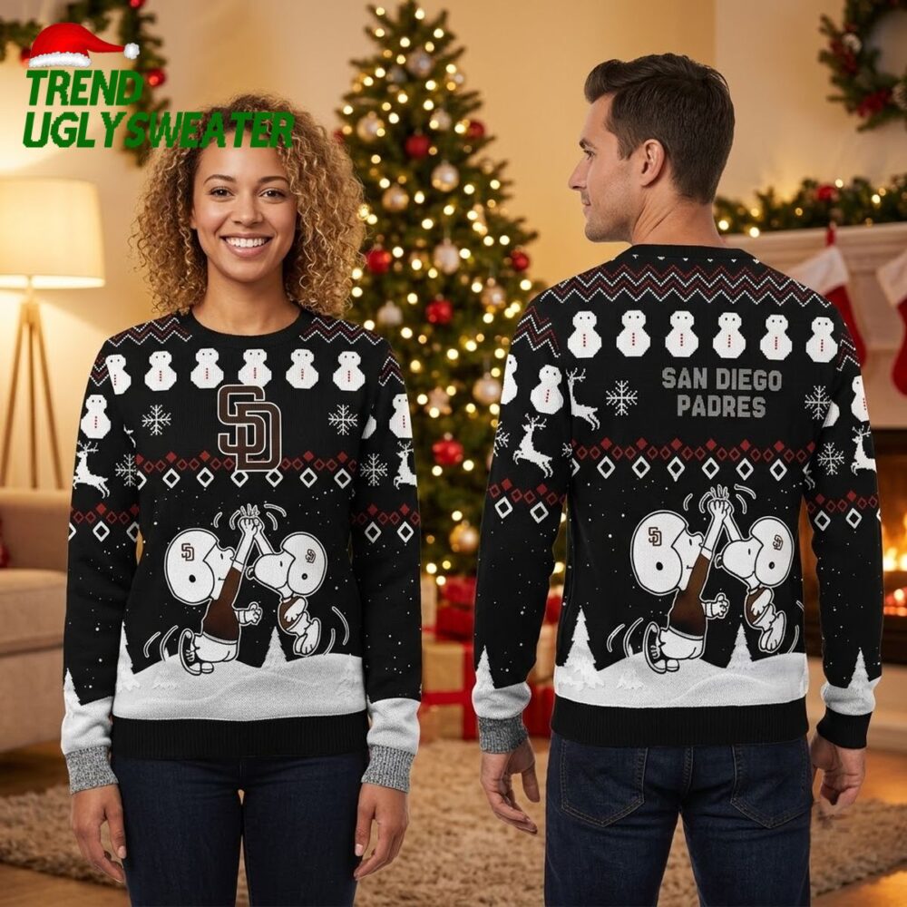 san diego padres snoopy and woodstock baseball snowmen ugly christmas sweater