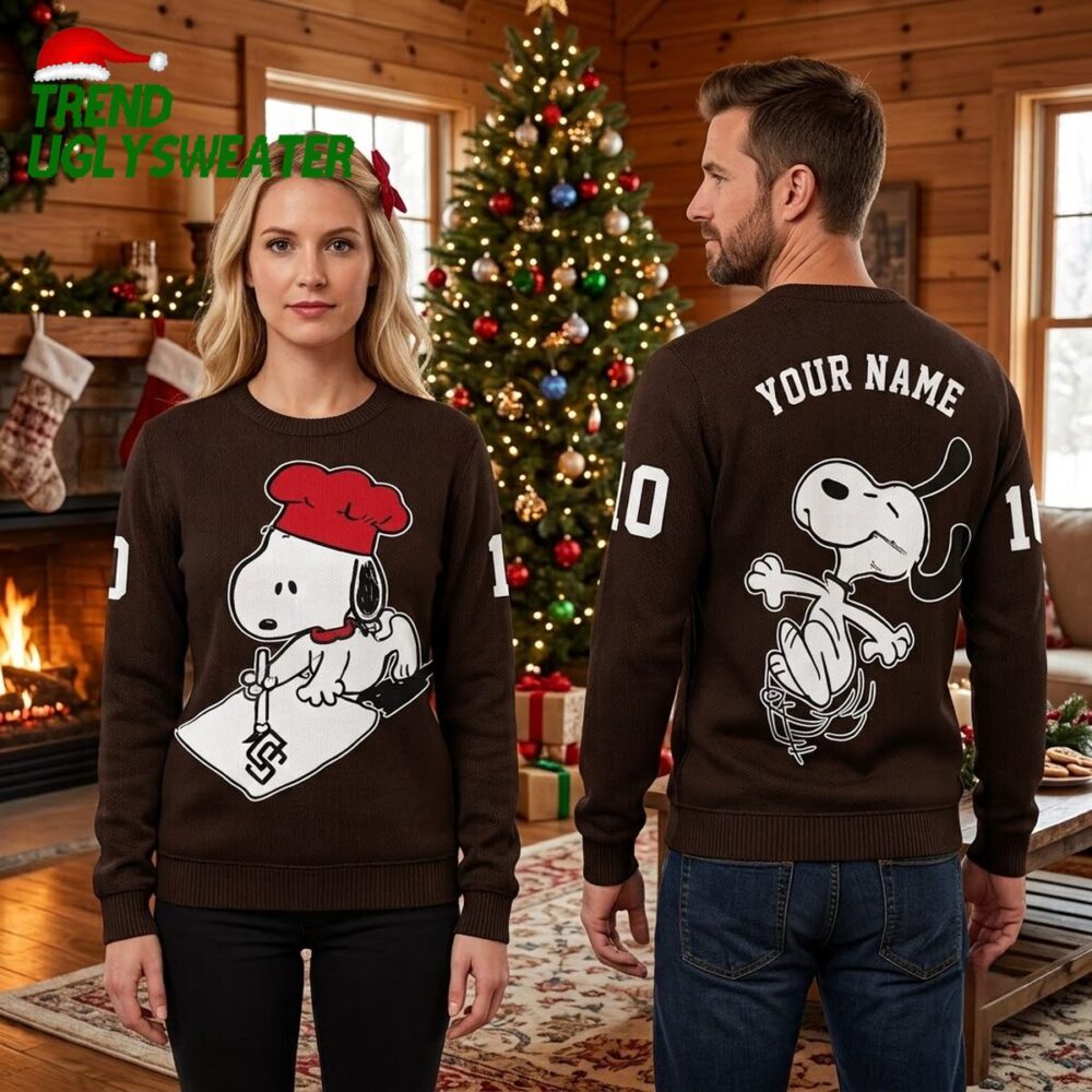 san diego padres snoopy baseball player custom name and number ugly christmas sweater