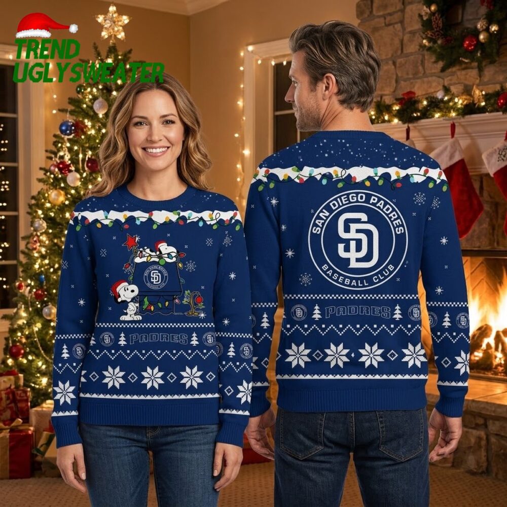 san diego padres snoopy christmas lights navy blue ugly christmas sweater