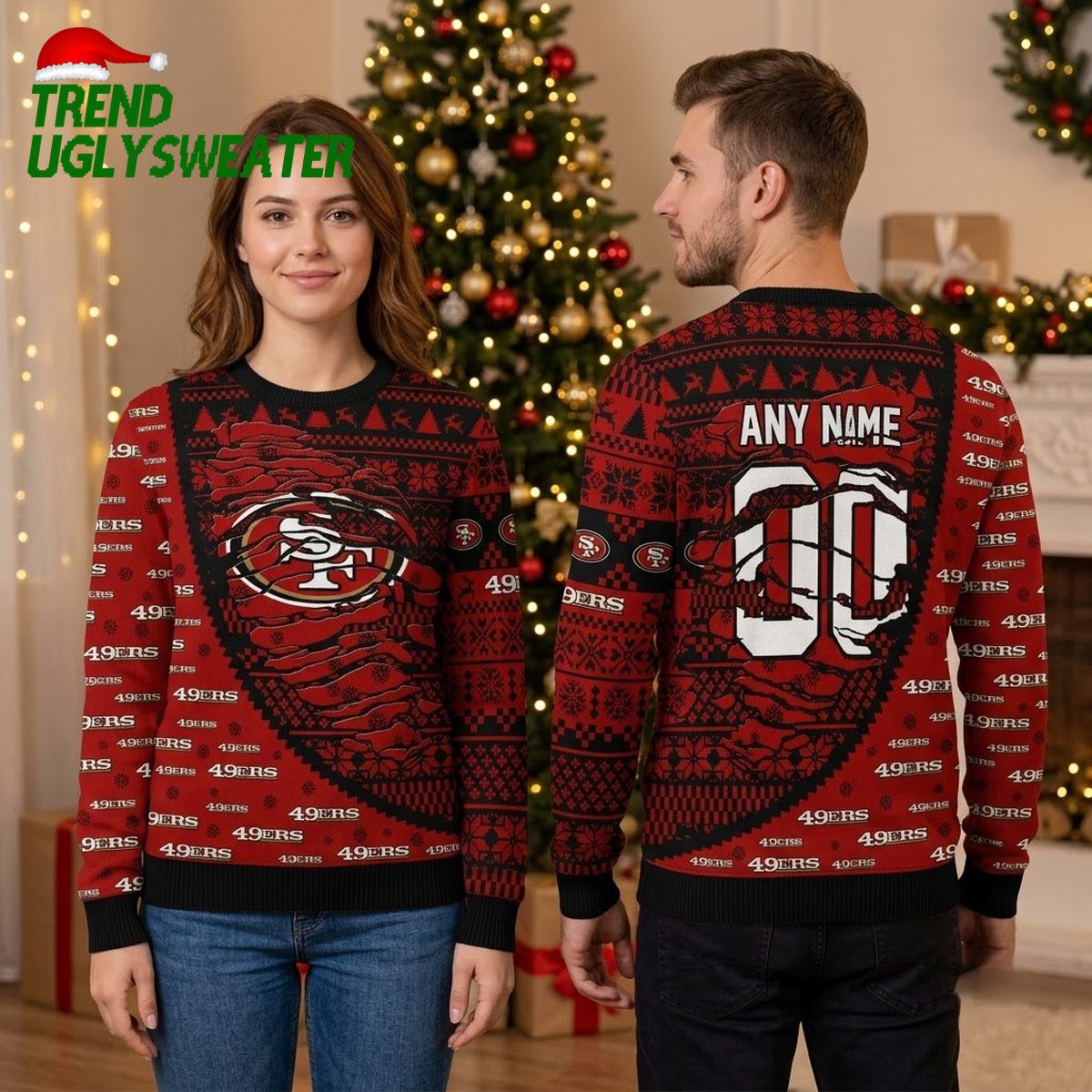 san francisco 49ers logo custom name and number ugly christmas sweater san francisco 49ers logo custom name and number ugly christmas sweater