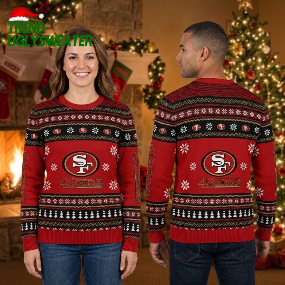 san francisco 49ers logo snowflake and christmas tree ugly christmas sweater