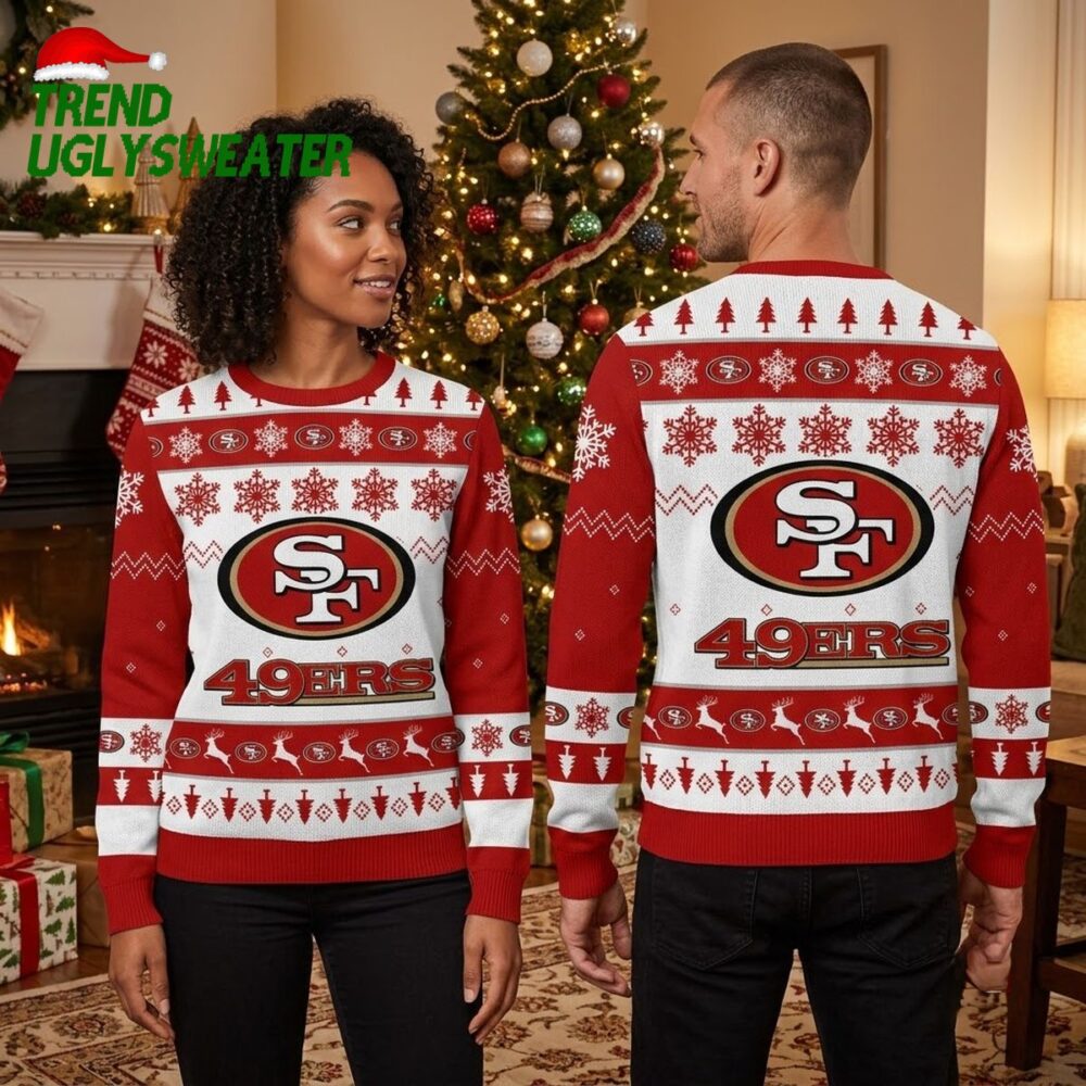 san francisco 49ers logo snowflake and reindeer ugly christmas sweater
