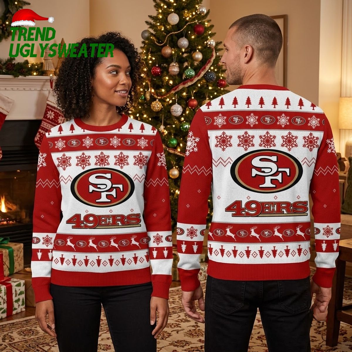 san francisco 49ers logo snowflake and reindeer ugly christmas sweater san francisco 49ers logo snowflake and reindeer ugly christmas sweater