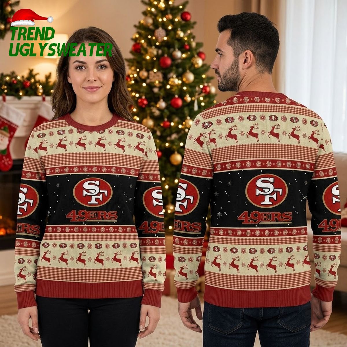 san francisco 49ers reindeer snowflake pattern ugly christmas sweater san francisco 49ers reindeer snowflake pattern ugly christmas sweater