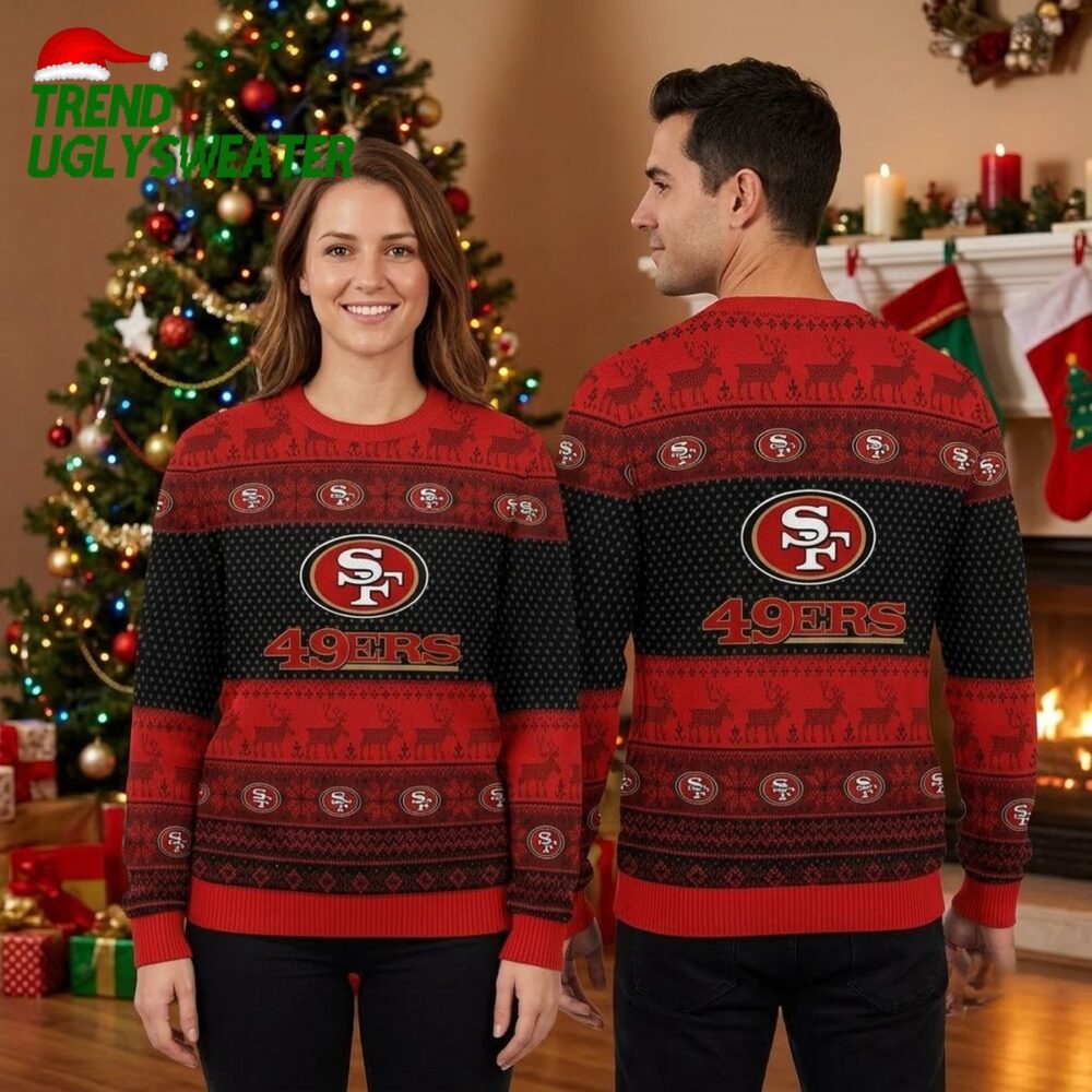 san francisco 49ers repeating logo reindeer pattern ugly christmas sweater