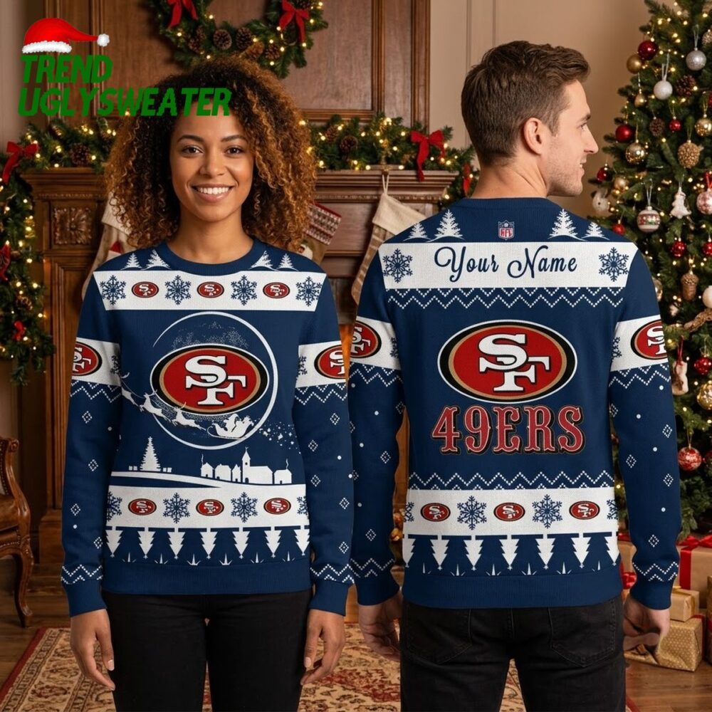 san francisco 49ers snowflake and christmas tree ugly christmas sweater
