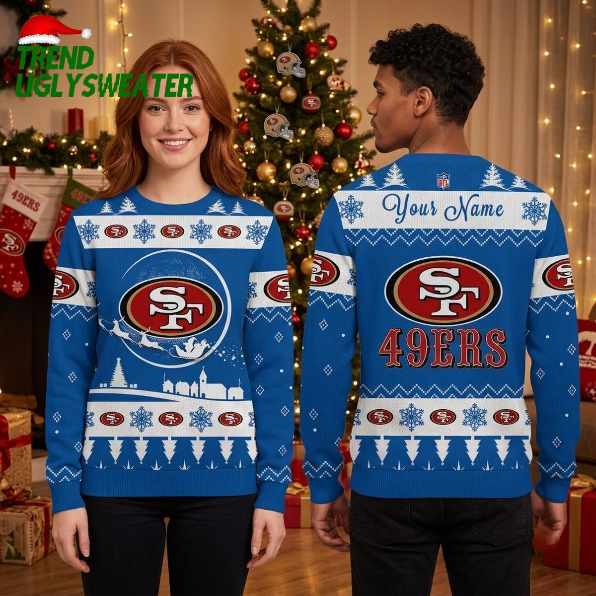 san francisco 49ers snowflake and santa sleigh ugly christmas sweater san francisco 49ers snowflake and santa sleigh ugly christmas sweater