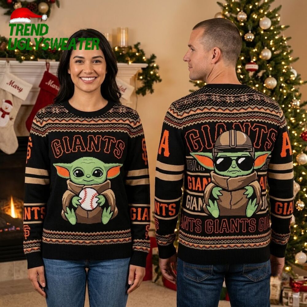 san francisco giants baby yoda holding baseball black and tan ugly christmas sweater
