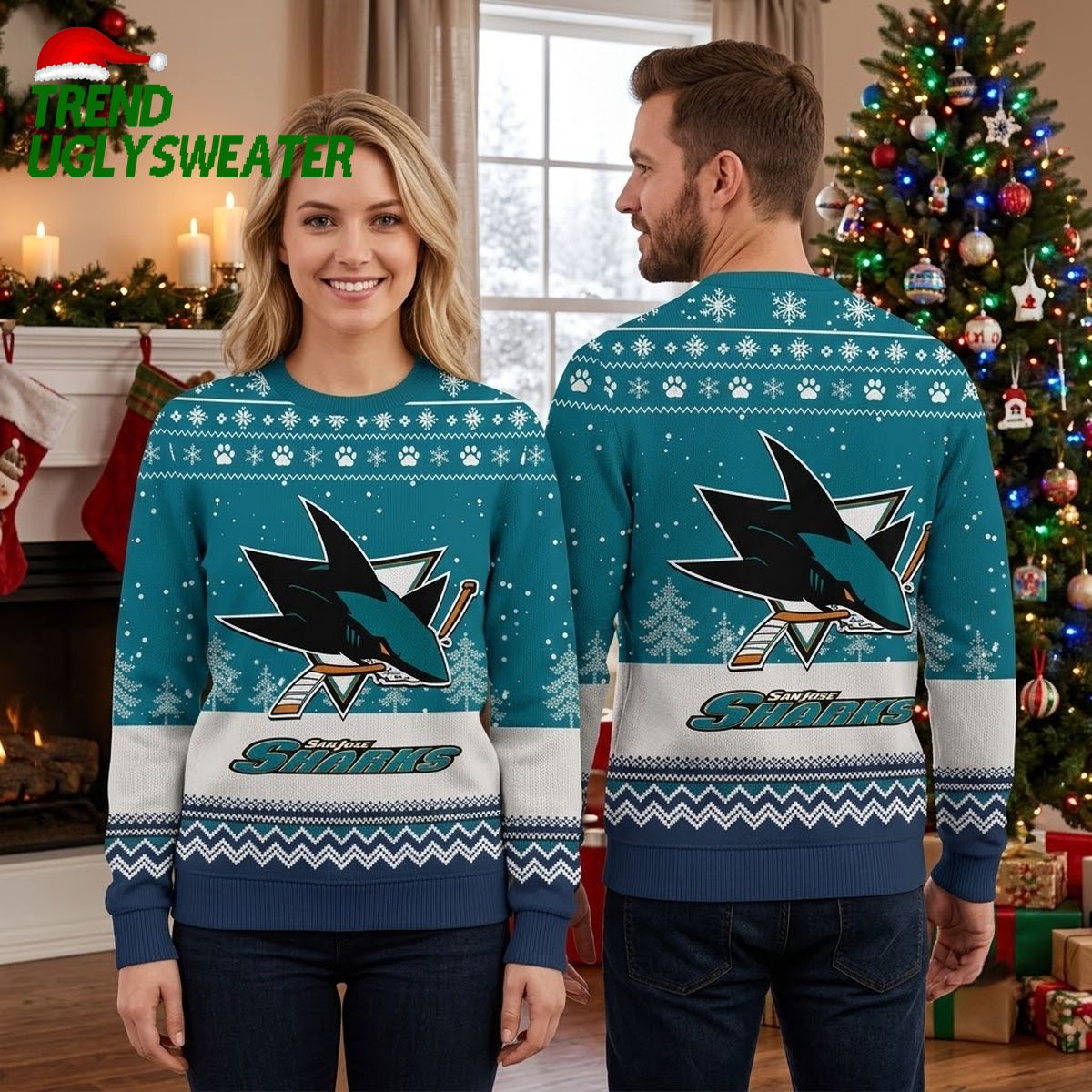 san jose sharks big shark logo teal ugly christmas sweater san jose sharks big shark logo teal ugly christmas sweater