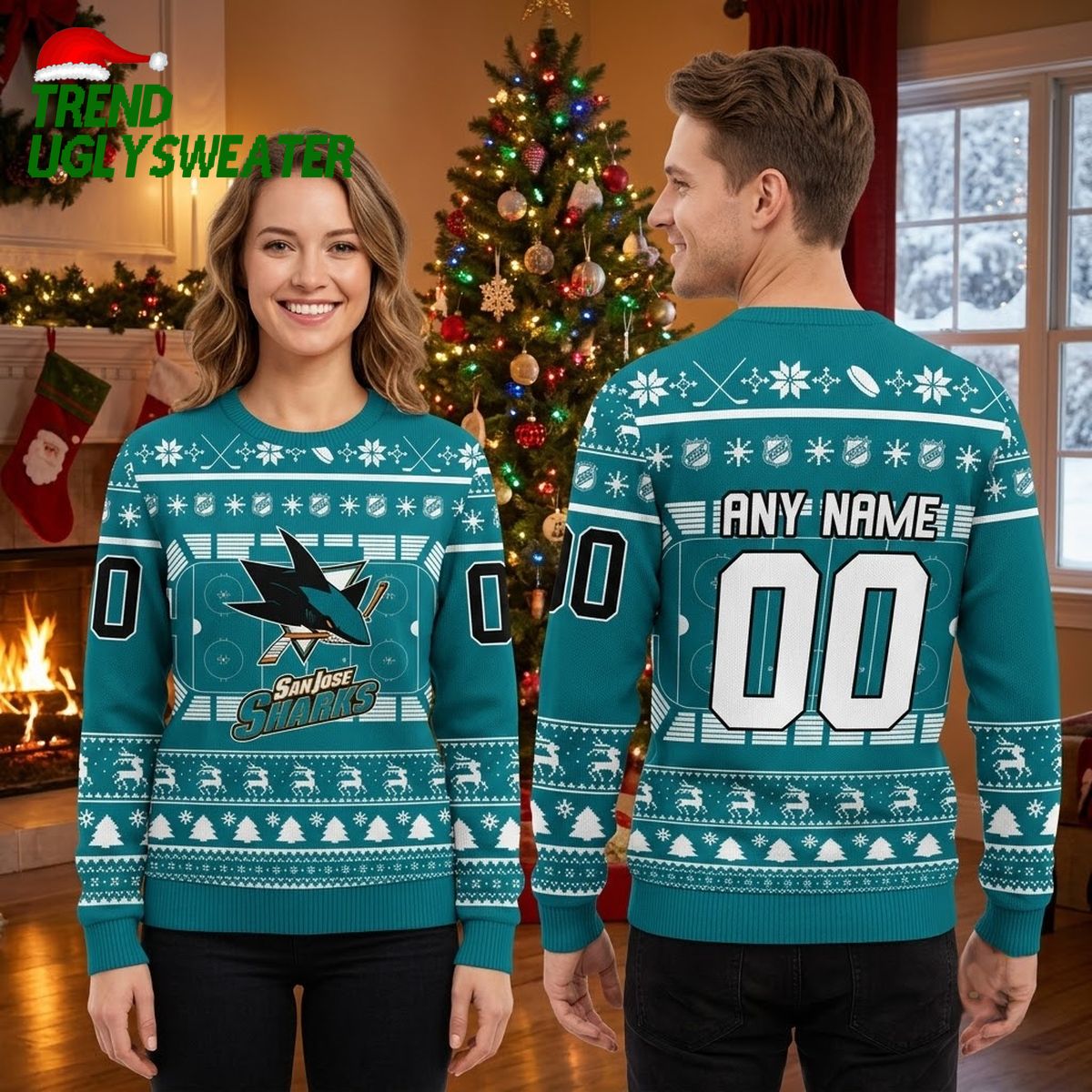 san jose sharks hockey rink shark logo custom name and number ugly christmas sweater san jose sharks hockey rink shark logo custom name and number ugly christmas sweater