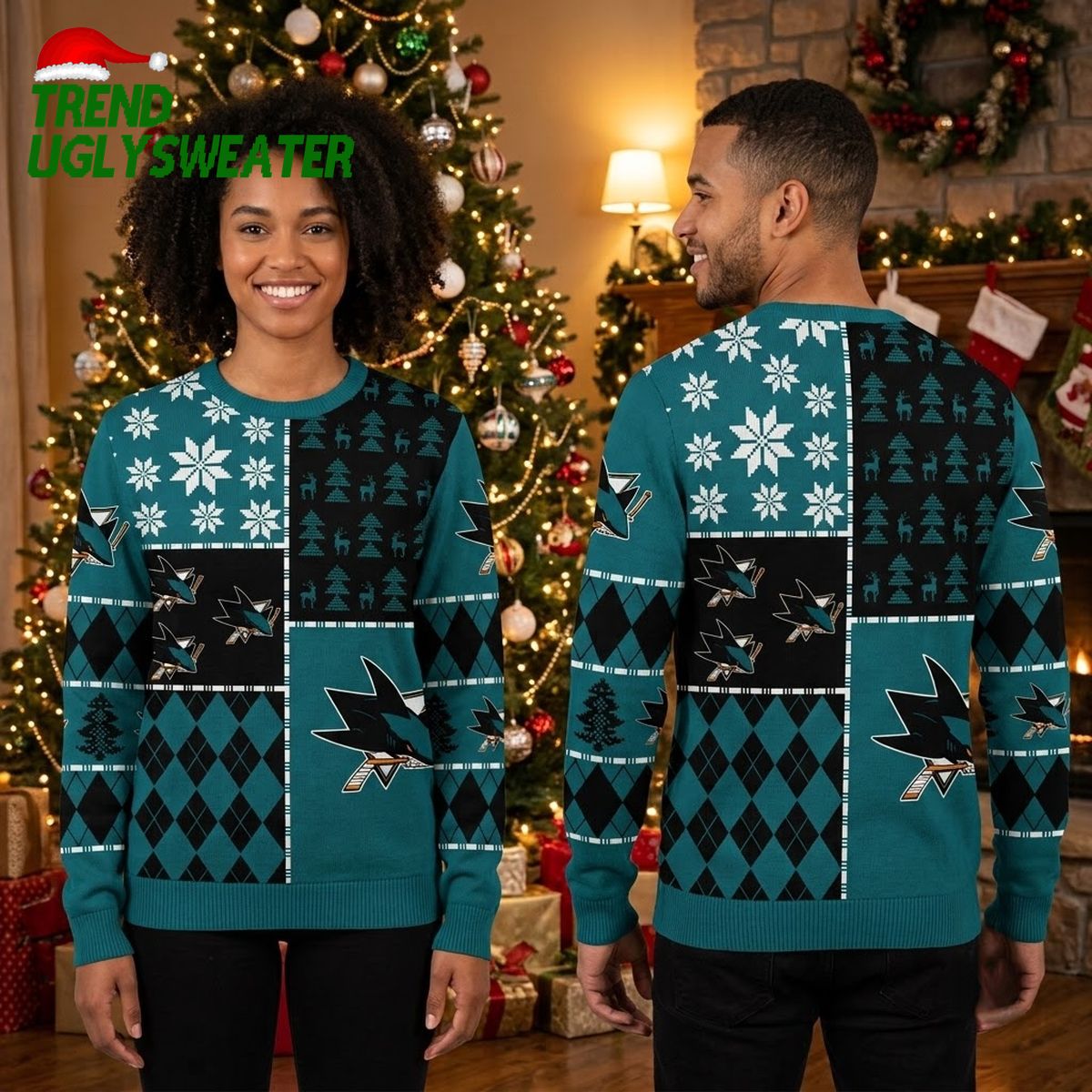 san jose sharks logo snowflakes and argyle ugly christmas sweater san jose sharks logo snowflakes and argyle ugly christmas sweater
