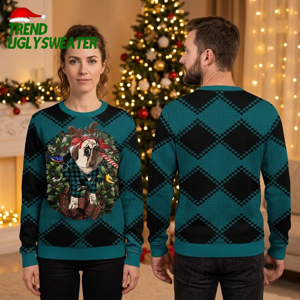 san jose sharks pug reindeer with candy cane ugly christmas sweater san jose sharks pug reindeer with candy cane ugly christmas sweater