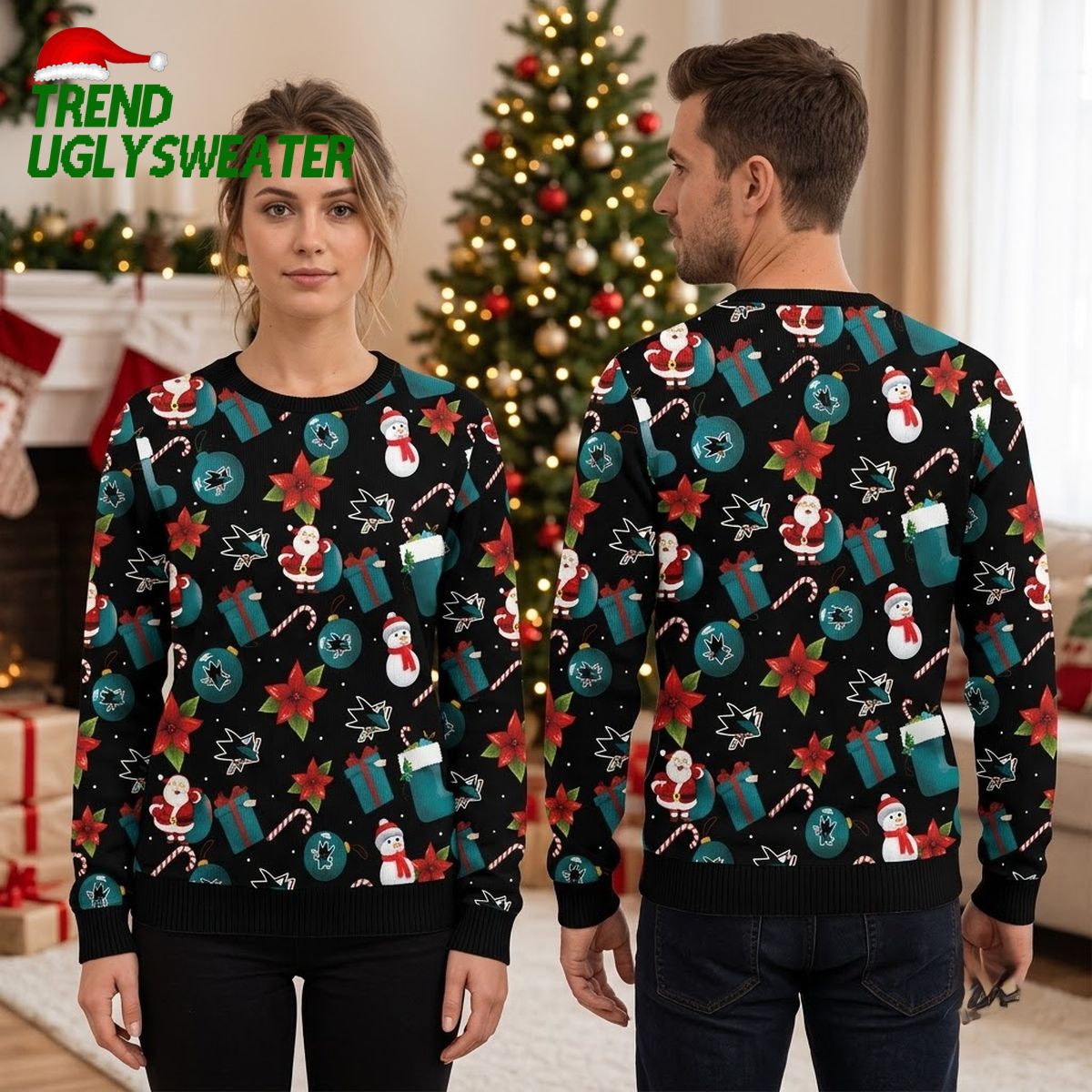 san jose sharks santa claus snowman pattern ugly christmas sweater san jose sharks santa claus snowman pattern ugly christmas sweater