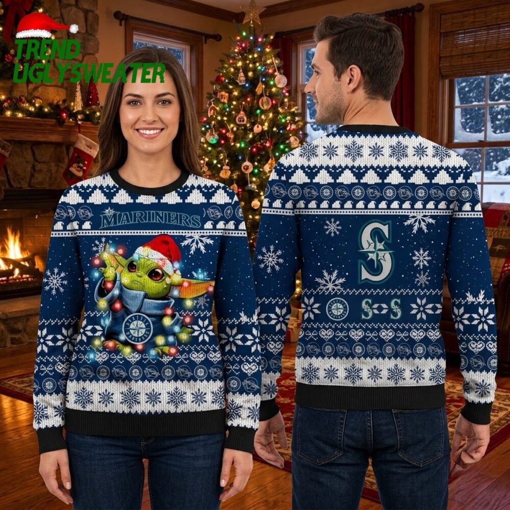 seattle mariners baby yoda christmas lights ugly christmas sweater