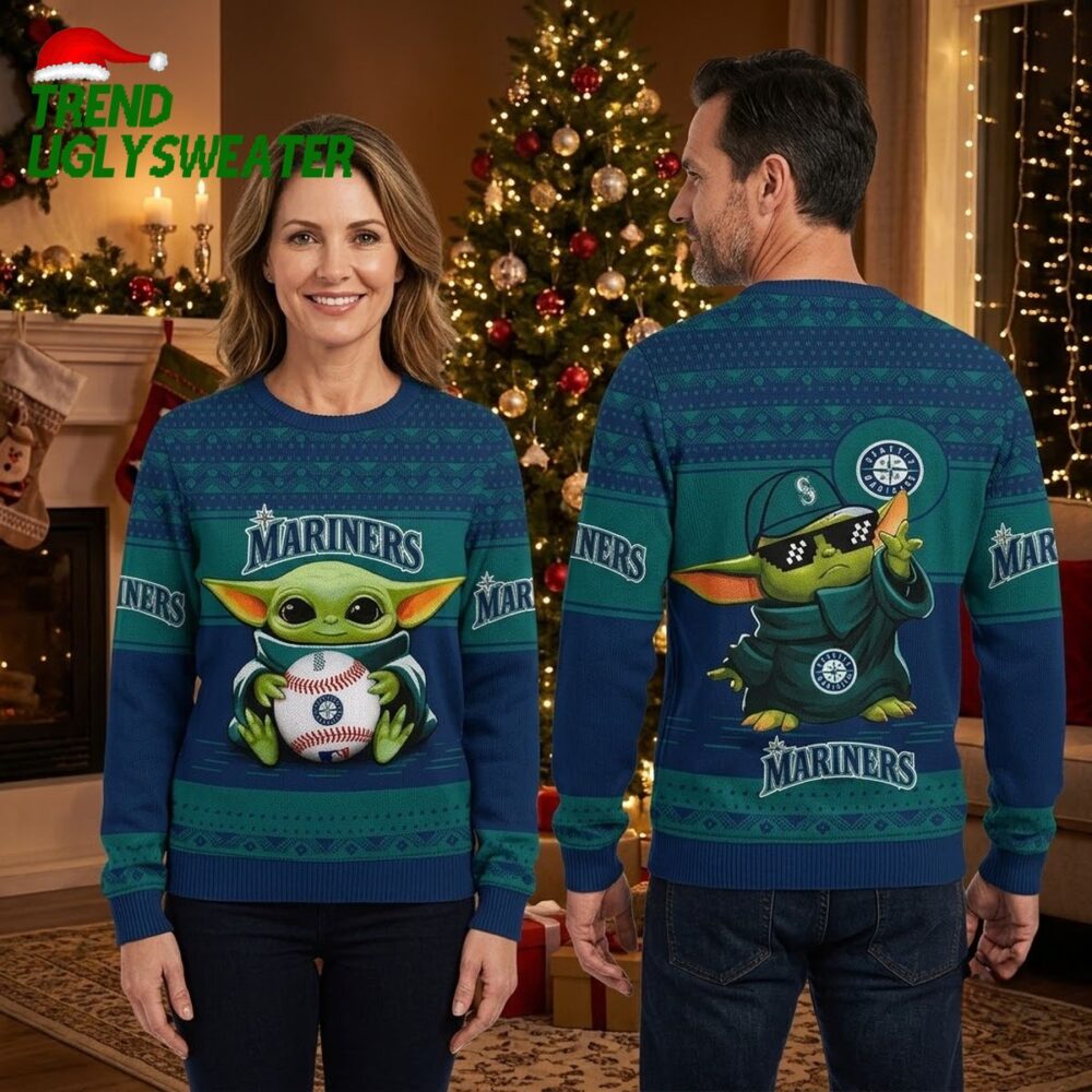 seattle mariners baby yoda holding baseball ugly christmas sweater