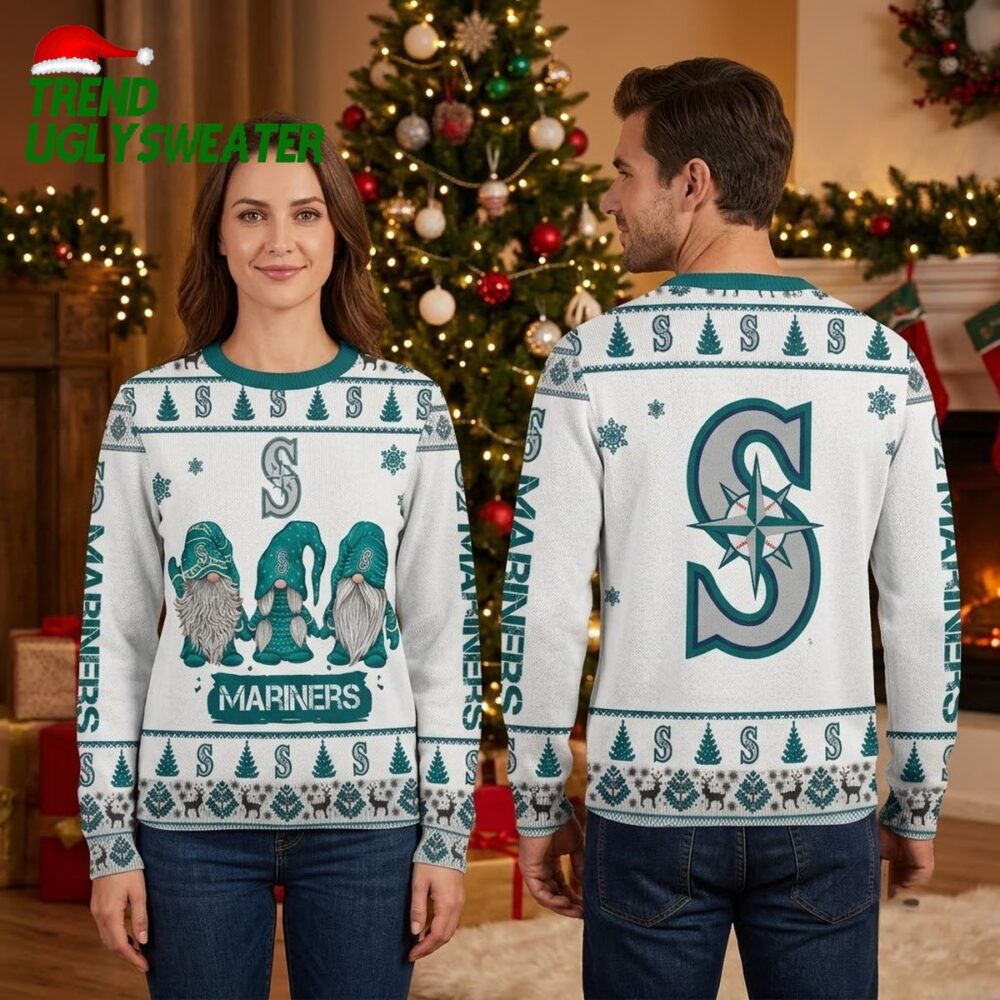 seattle mariners christmas gnome trio ugly christmas sweater