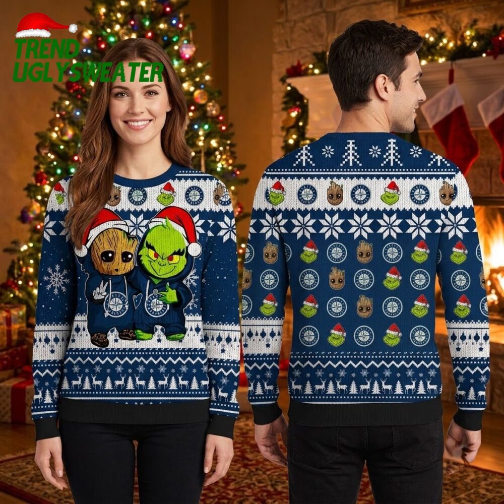 seattle mariners groot and grinch santa duo ugly christmas sweater