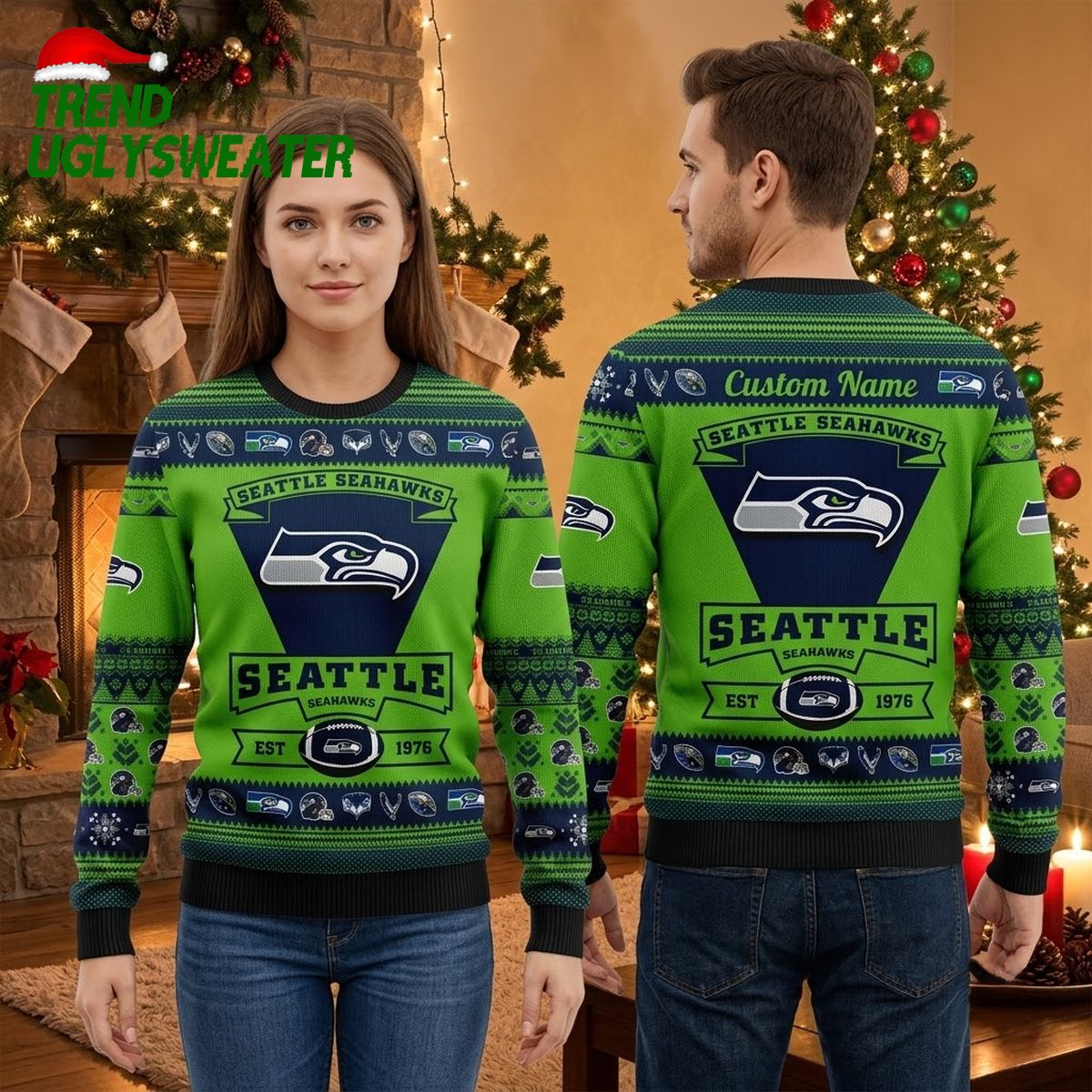 seattle seahawks custom name football helmet ugly christmas sweater seattle seahawks custom name football helmet ugly christmas sweater