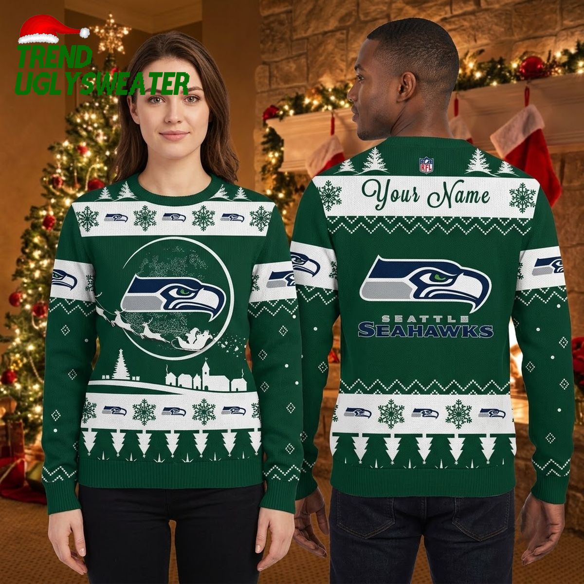 seattle seahawks custom name snowflake logo holiday game day gift ugly christmas sweater seattle seahawks custom name snowflake logo holiday game day gift ugly christmas sweater