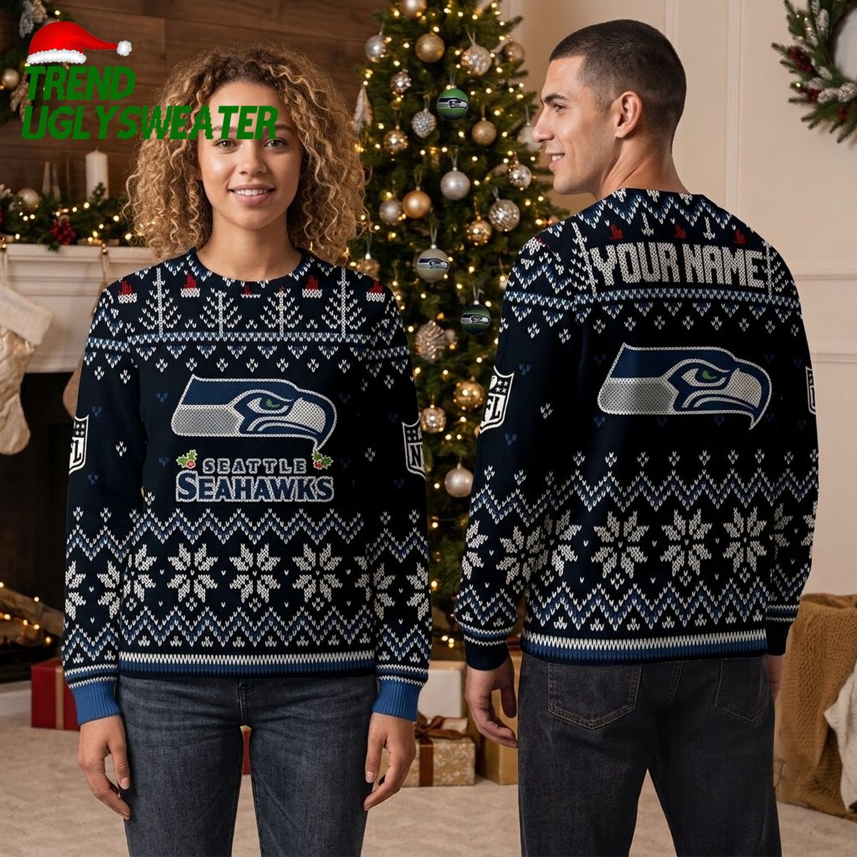 seattle seahawks custom name snowflake logo ugly christmas sweater seattle seahawks custom name snowflake logo ugly christmas sweater