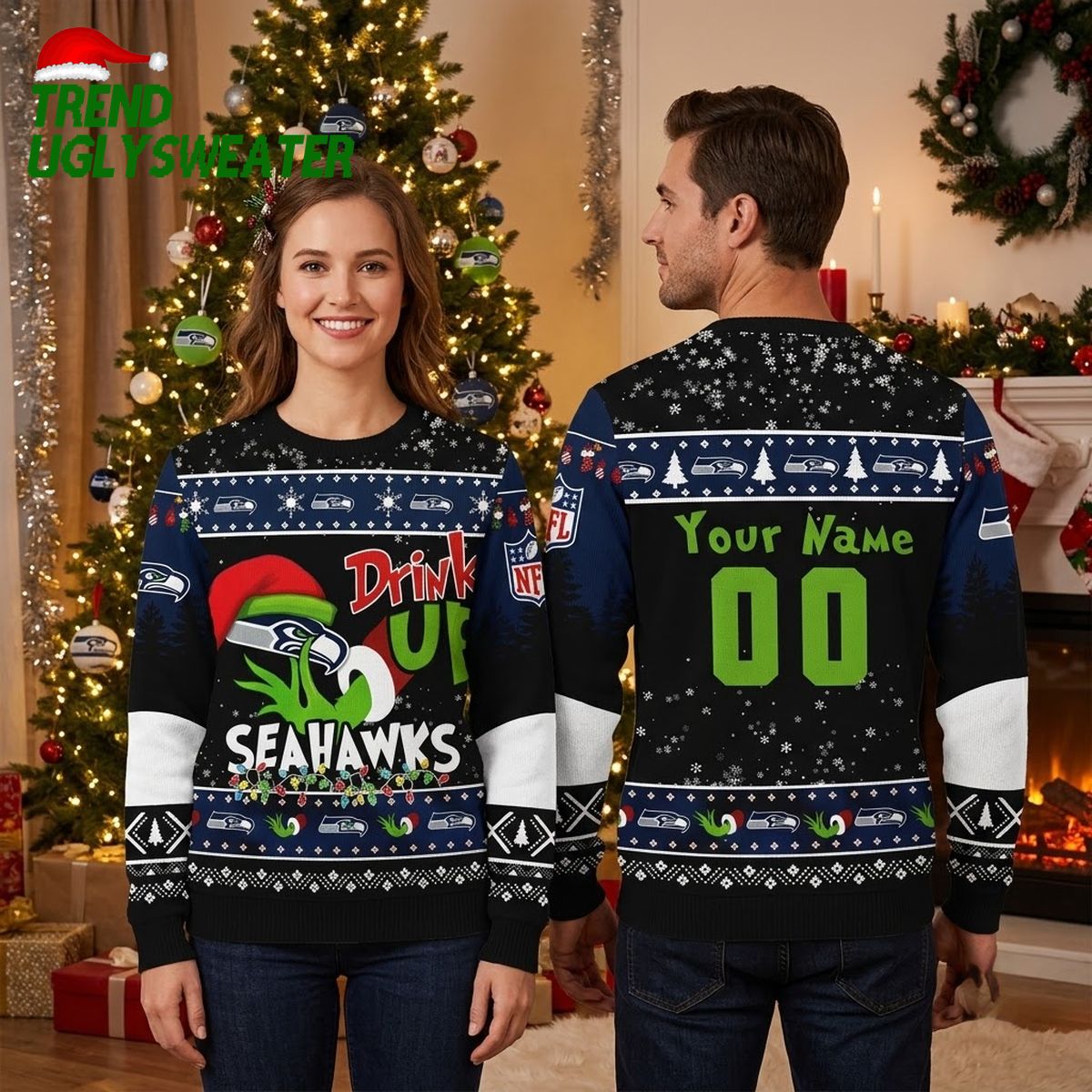 seattle seahawks grinch drink up custom name and number ugly christmas sweater seattle seahawks grinch drink up custom name and number ugly christmas sweater
