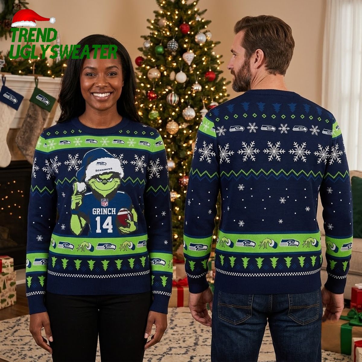 seattle seahawks grinch football player custom name number 14 ugly christmas sweater seattle seahawks grinch football player custom name number 14 ugly christmas sweater