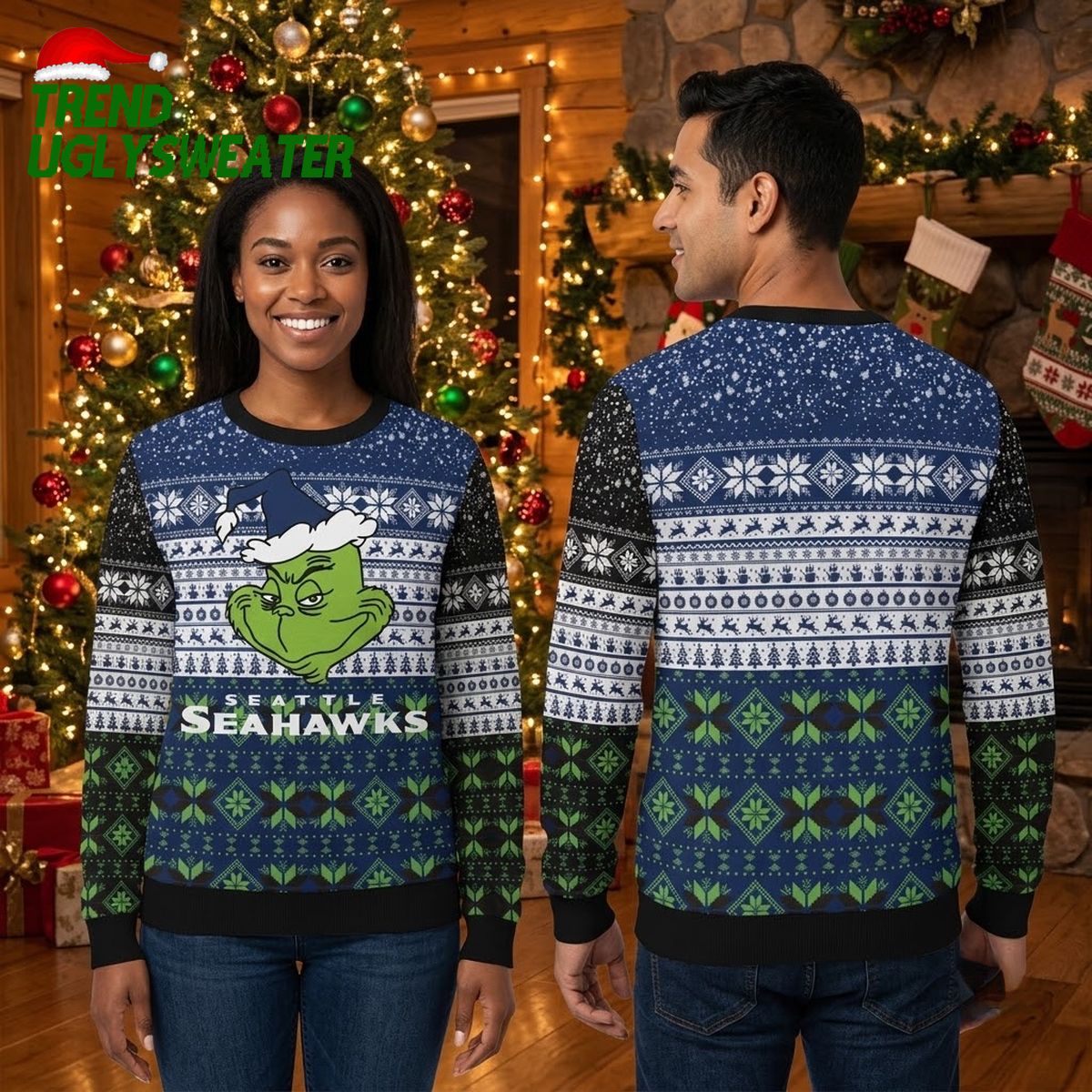 seattle seahawks grinch santa hat ugly christmas sweater seattle seahawks grinch santa hat ugly christmas sweater