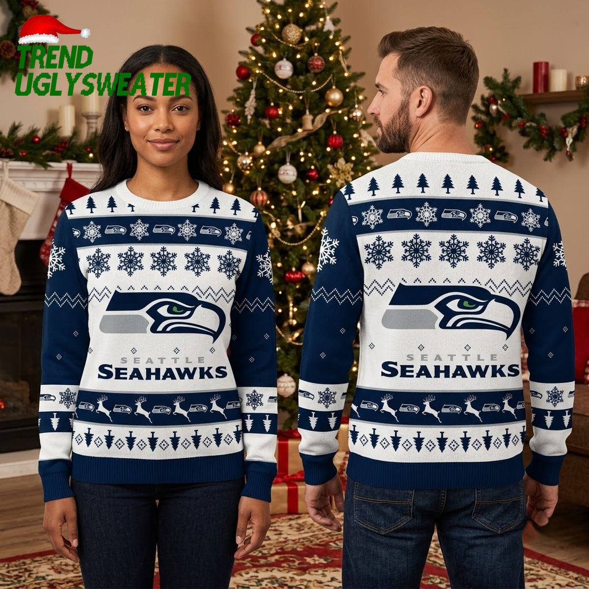 seattle seahawks logo snowflakes and christmas trees ugly christmas sweater seattle seahawks logo snowflakes and christmas trees ugly christmas sweater