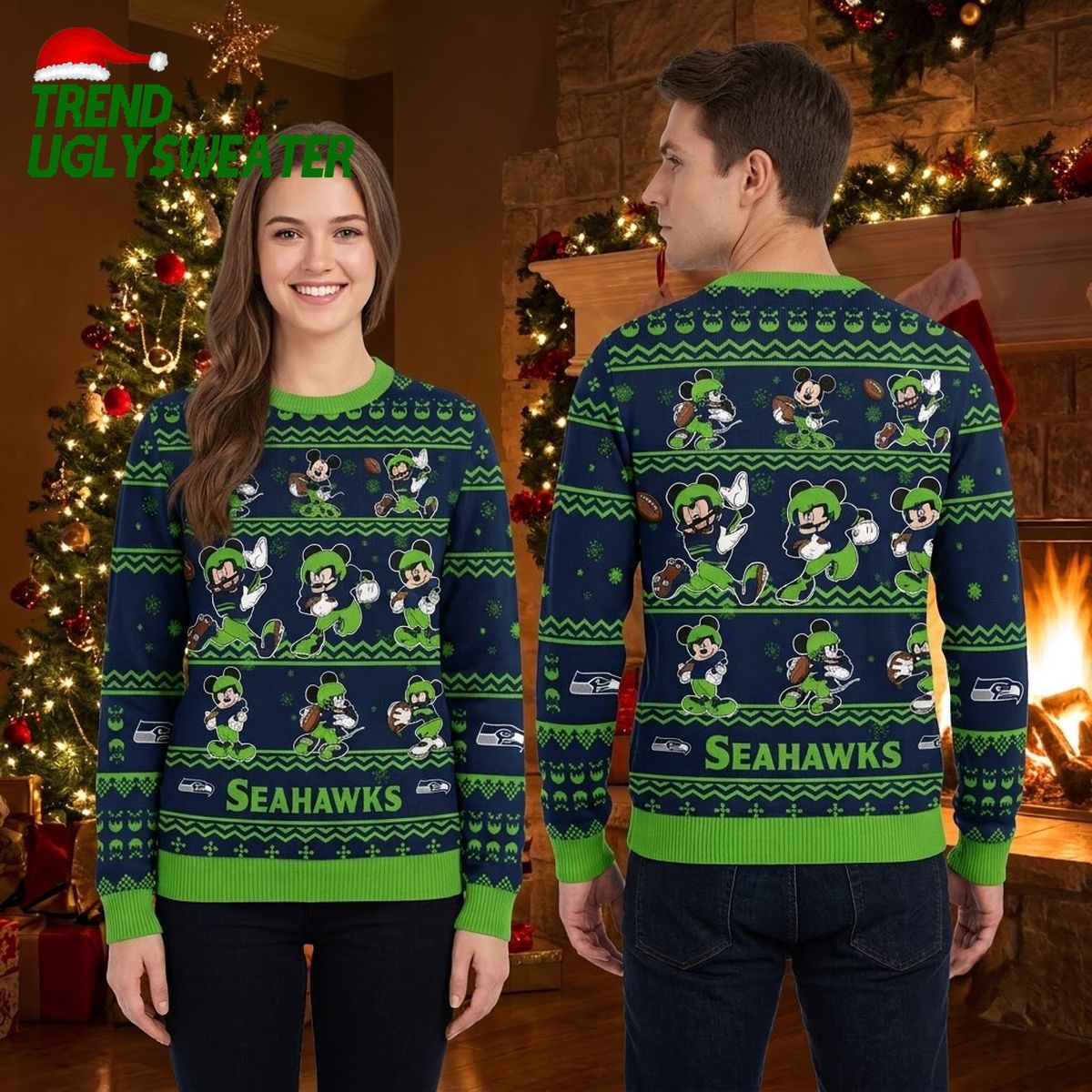 seattle seahawks mickey mouse football pattern ugly christmas sweater seattle seahawks mickey mouse football pattern ugly christmas sweater