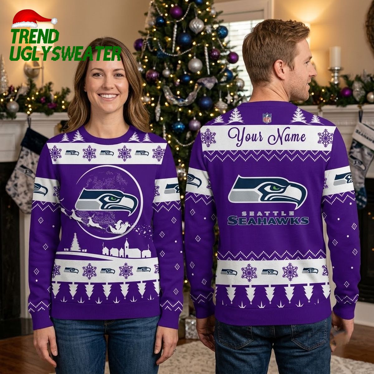 seattle seahawks personalized snowflake logo custom name ugly christmas sweater seattle seahawks personalized snowflake logo custom name ugly christmas sweater