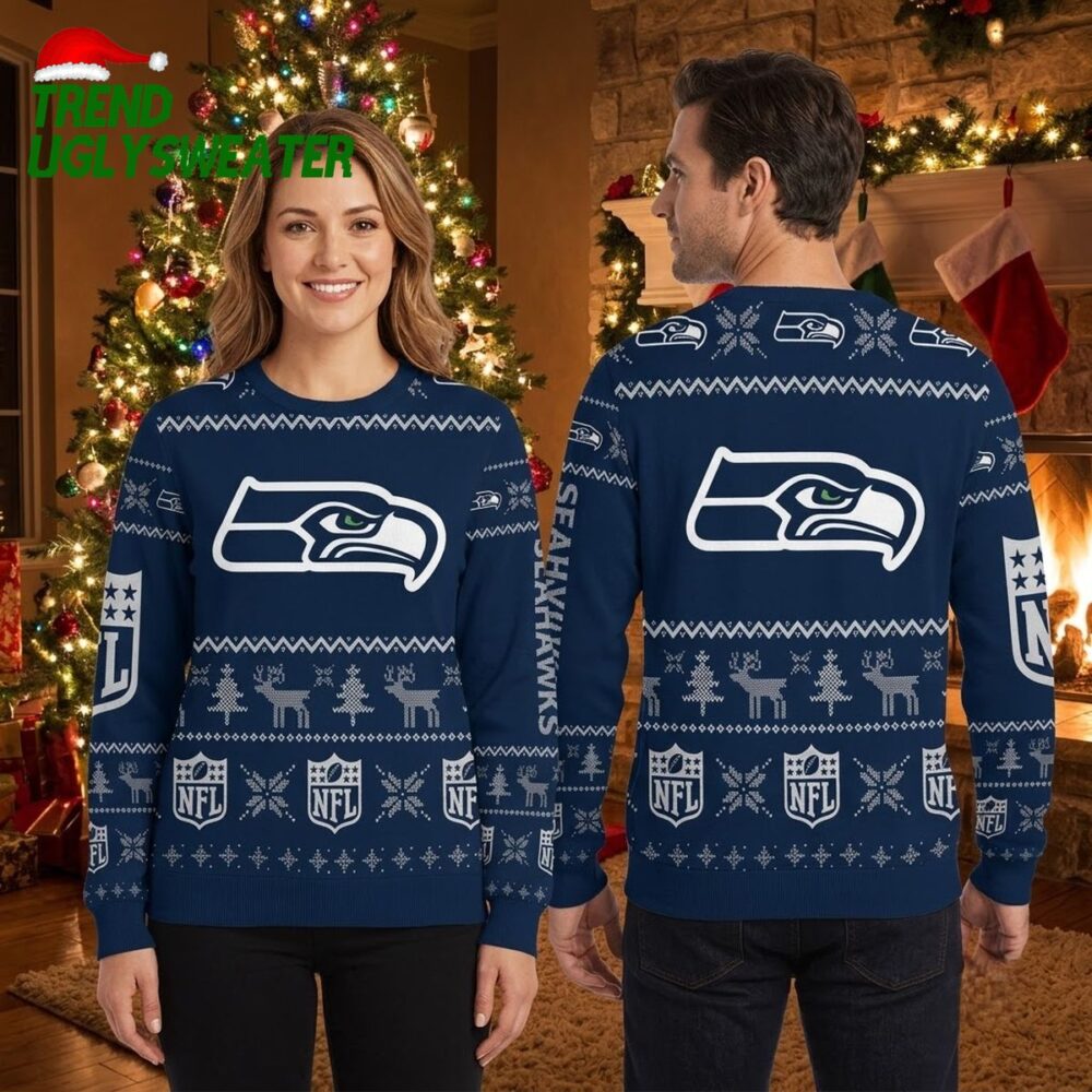 seattle seahawks reindeer snowflake pattern holiday gift for seahawks fans ugly christmas