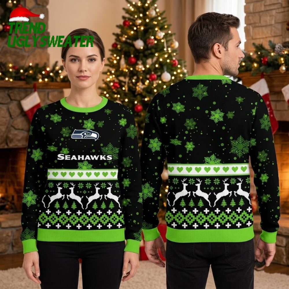 seattle seahawks reindeer snowflake pattern ugly christmas sweater