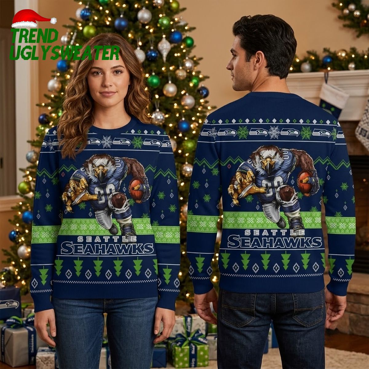 seattle seahawks rushing hawk football player ugly christmas sweater seattle seahawks rushing hawk football player ugly christmas sweater