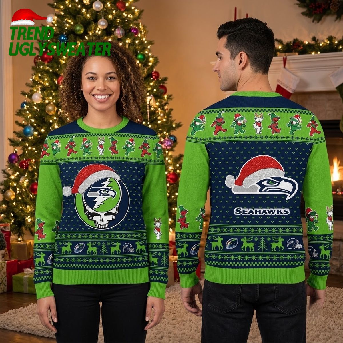 seattle seahawks santa hat skull with dancing bears ugly christmas sweater seattle seahawks santa hat skull with dancing bears ugly christmas sweater
