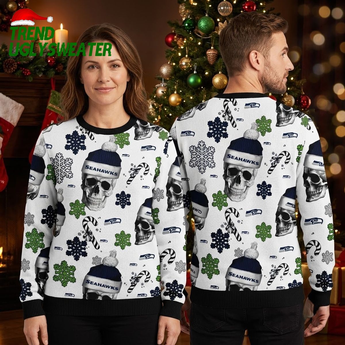 seattle seahawks santa hat skulls candy canes snowflakes ugly christmas sweater seattle seahawks santa hat skulls candy canes snowflakes ugly christmas sweater