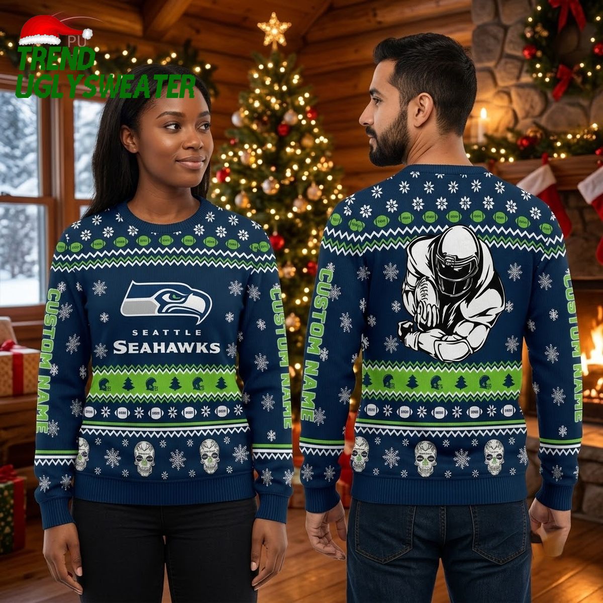 seattle seahawks skull and football snowflake ugly christmas sweater seattle seahawks skull and football snowflake ugly christmas sweater