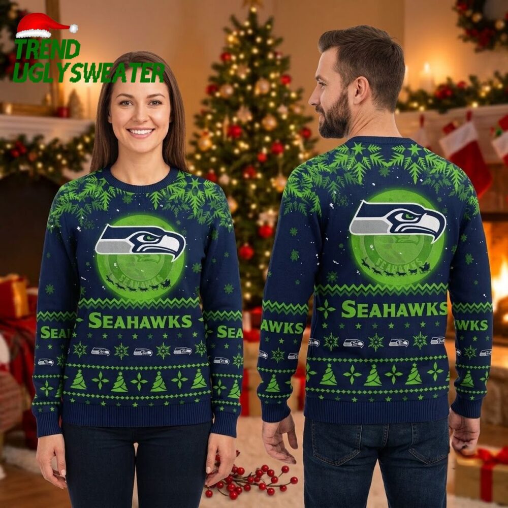 seattle seahawks snowflake logo and holiday pattern ugly christmas sweater