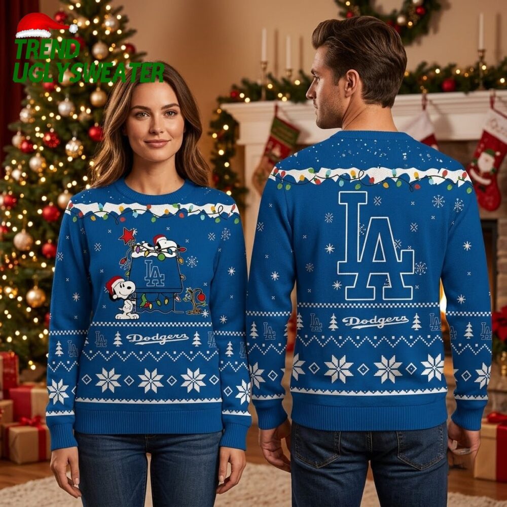 snoopy decorating la dodgers logo with holiday lights ugly christmas sweater