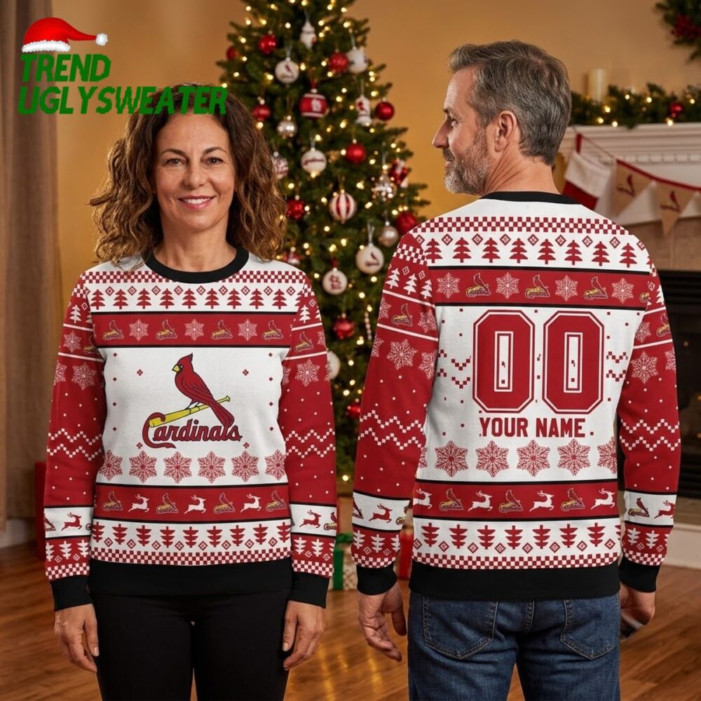 st louis cardinals custom name and number cardinal logo ugly christmas sweater