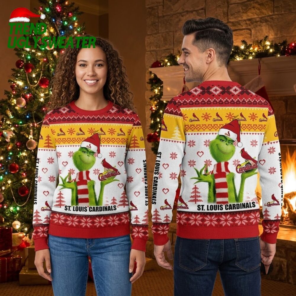 st louis cardinals grinch santa hat red ugly christmas sweater