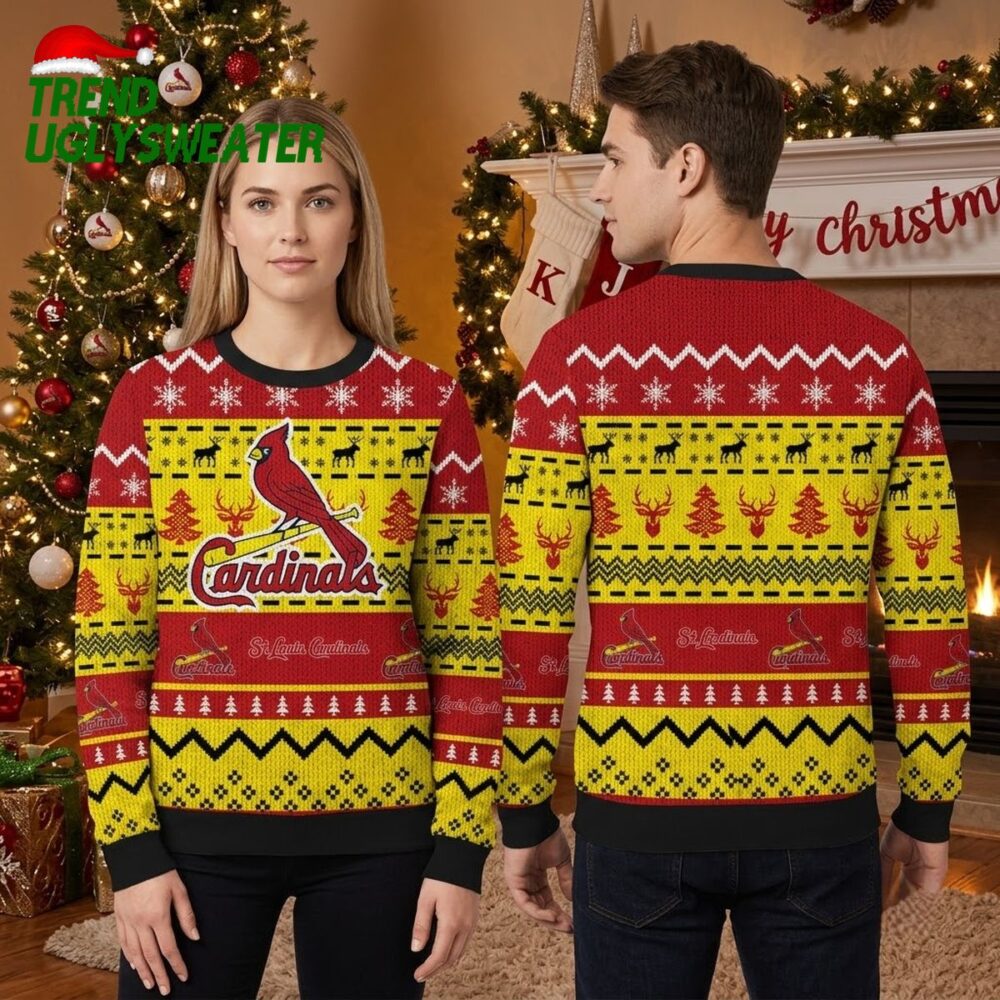 st louis cardinals logo yellow reindeer pattern ugly christmas sweater