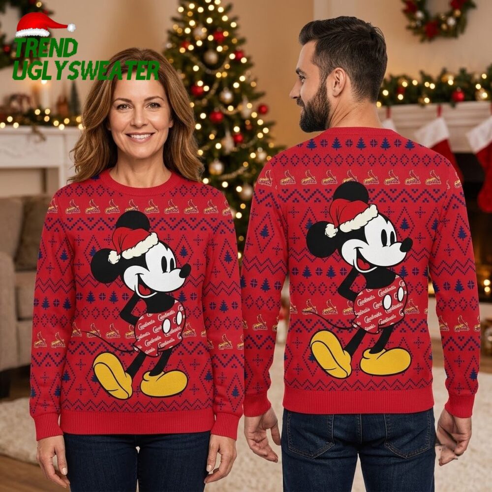 st louis cardinals mickey mouse santa hat ugly christmas sweater