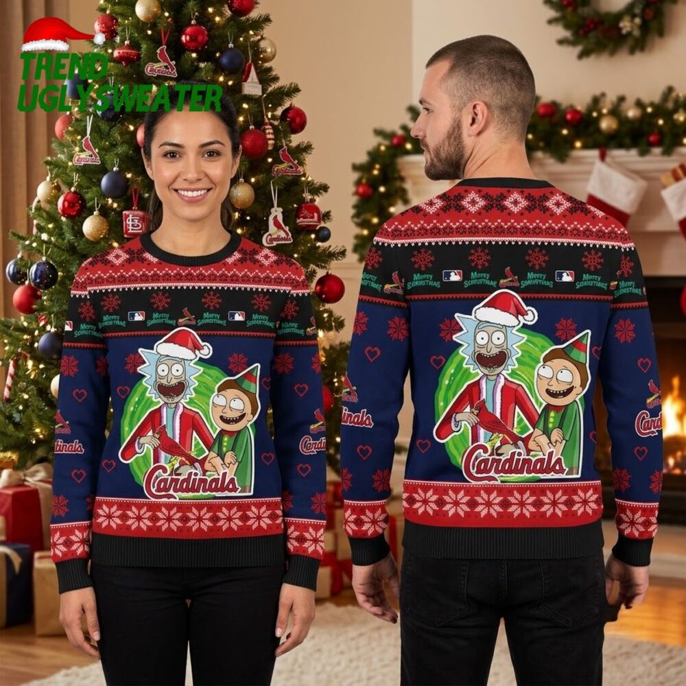 st louis cardinals rick and morty santa hat ugly christmas sweater