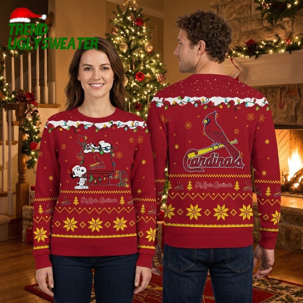 st louis cardinals snoopy and woodstock christmas scene ugly christmas sweater