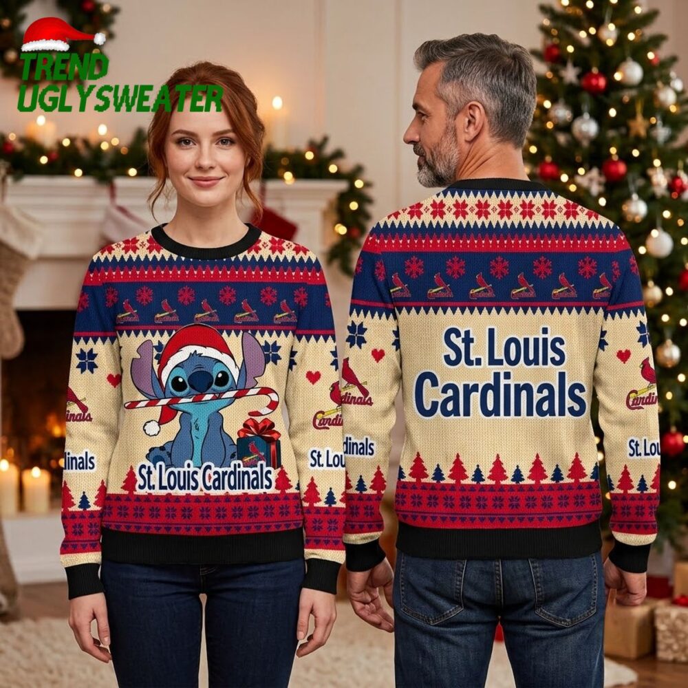 st louis cardinals stitch santa hat candy cane ugly christmas sweater